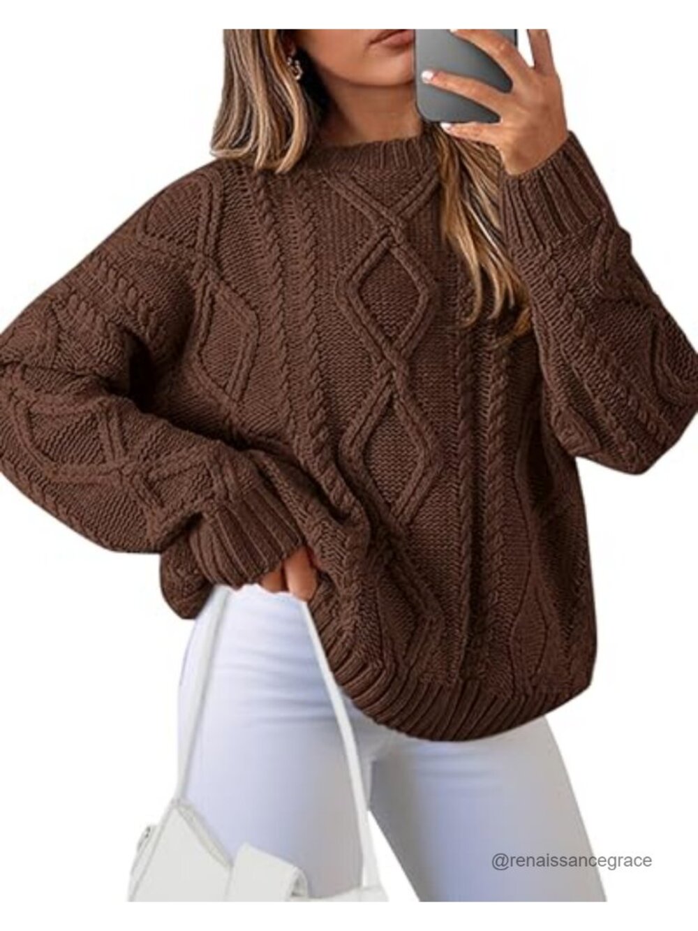Women's Chunky Cable Knit Crew Neck Pullover Sweater Ribbed Loose Fit